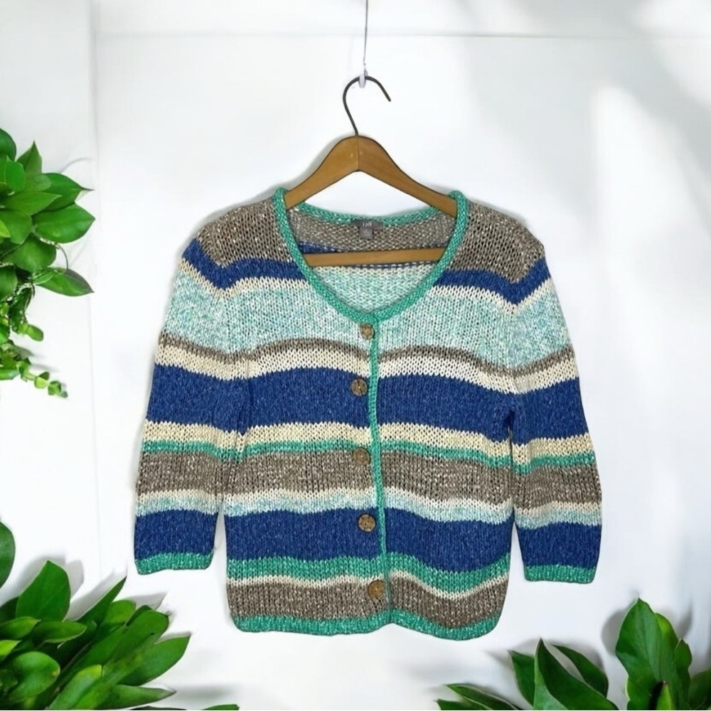 J. JILL Petite Knit Multi Color Striped Scoop Neck Button Down Cardigan